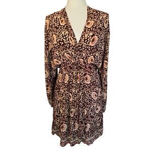 Natalie Martin Boho Floral Midi Dress Burgundy Pink Long Sleeve Sz S